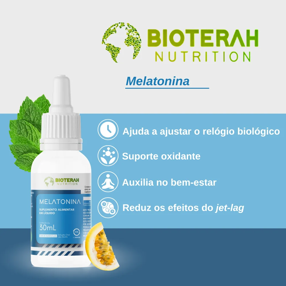 Suplemento para dormir melhor da Bioterah. Melatonina em gotas.