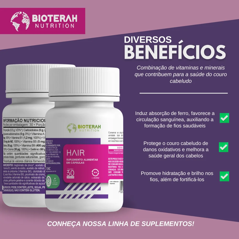 Suplemento para deixar o cabelo mais bonito - Suplemento Hair da Bioterah Nutrition